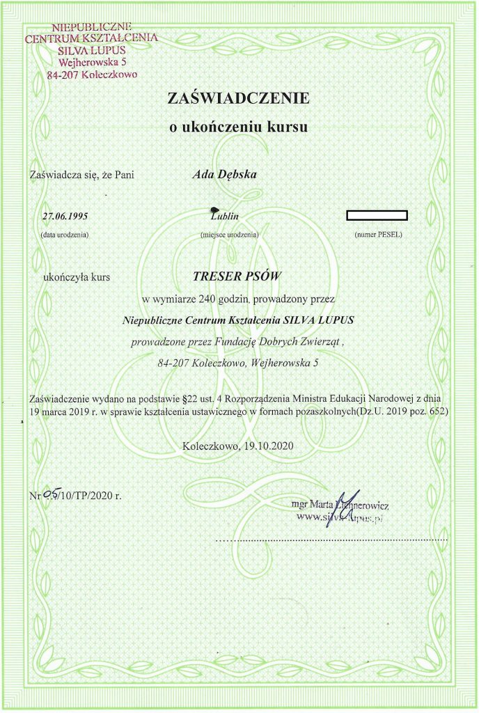 Certyfikat szkolenia Treser Psów | Ada Drużbańska trener, behawiorysta psów Zamość i okolice | Skuteczne szkolenia dla psów z behawiorystą | Po Pieskiemu